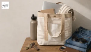 A cream-colored canvas tote bag containing a laptop and notebook, representing the quality of handmade tote bag manufacturers for office use.