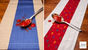 A side-by-side comparison of stain-resistant fabrics from table runner manufacturers, featuring blue and red runners with spilled sauce.
