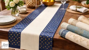 Elegant cream and blue patterned table runners and fabric rolls showcasing diverse textile options available from bulk table runner manufacturers.