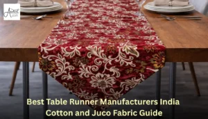 A premium red floral cotton and juco table runner on a wooden dining table, illustrating quality standards from leading table runner manufacturers.