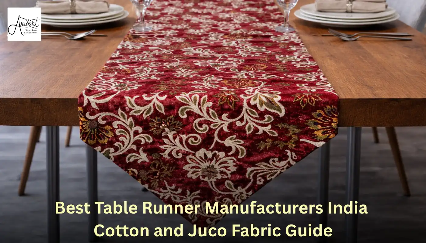 A premium red floral cotton and juco table runner on a wooden dining table, illustrating quality standards from leading table runner manufacturers.