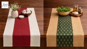 Two different table runner designs side-by-side, including a red-and-white linen runner and a green patterned jute runner, showcasing the production capabilities of table runner manufacturers.