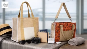 Two durable canvas bags by handmade tote bag manufacturers, styled with a passport, camera, and sunglasses for travel.