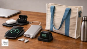 A blue-handled canvas bag sitting next to a charging dock with a smartwatch and phone, designed by expert handmade tote bag manufacturers.