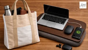 A professional canvas tote bag next to a laptop and charging smartphone, highlighting the reliable craftsmanship of handmade tote bag manufacturers.