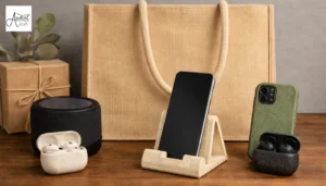 A phone on a stand, earbuds, and a speaker arranged in front of a tan jute bag, showcasing the lifestyle range of handmade tote bag manufacturers.