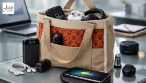 An orange and tan canvas bag from handmade tote bag manufacturers packed with headphones, power banks, and gadgets on a modern office desk.