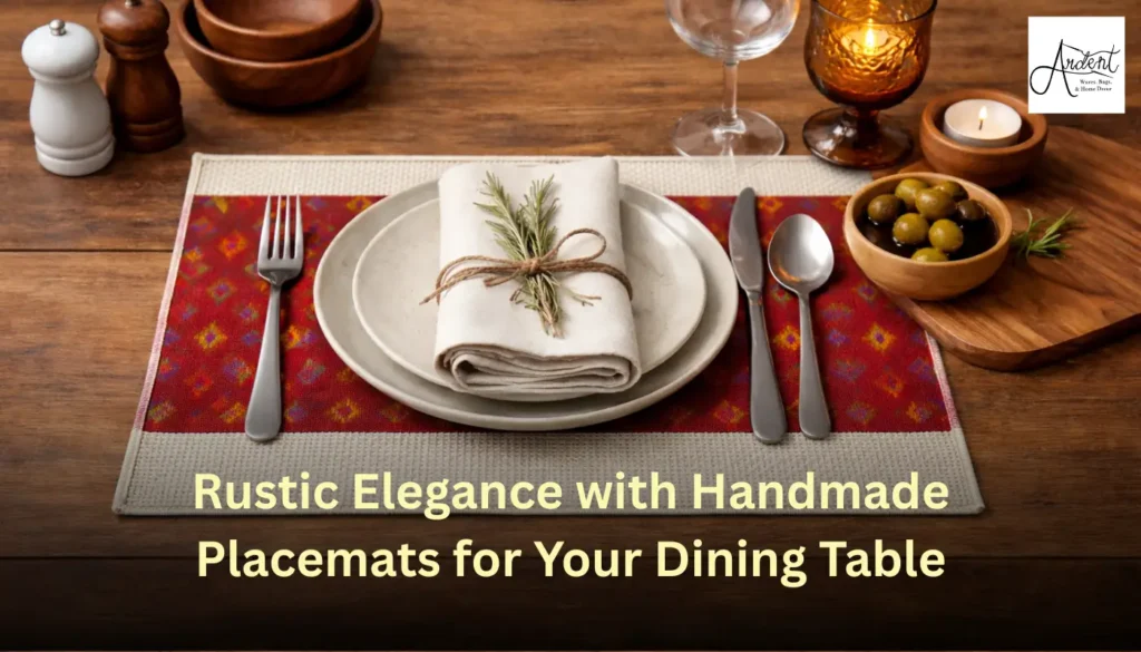 A rustic dining table setting featuring handmade placemats with a red patterned design, cream plates, silver cutlery, and a sprig of rosemary on a linen napkin.