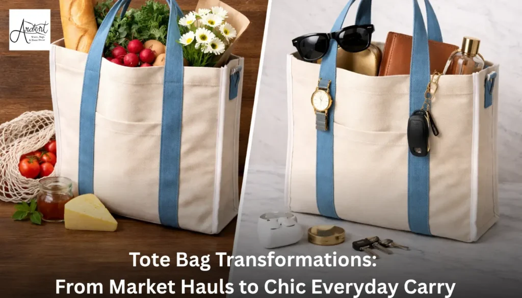 A comparison showing a tote bag used for fresh flowers and groceries versus personal everyday essentials, from leading handmade tote bag manufacturers.
