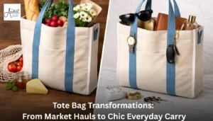 A comparison showing a tote bag used for fresh flowers and groceries versus personal everyday essentials, from leading handmade tote bag manufacturers.