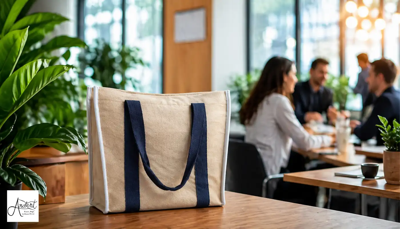 Professional canvas corporate tote bag with navy blue straps in an office setting.