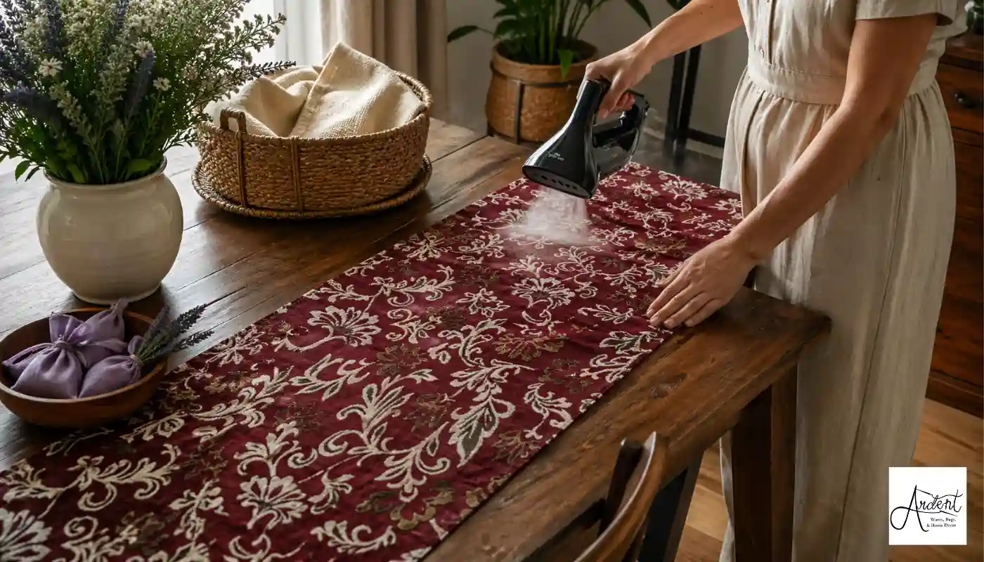Burgundy and natural striped Juco runner on a wooden table, demonstrating fabric care during Juco runner cleaning.