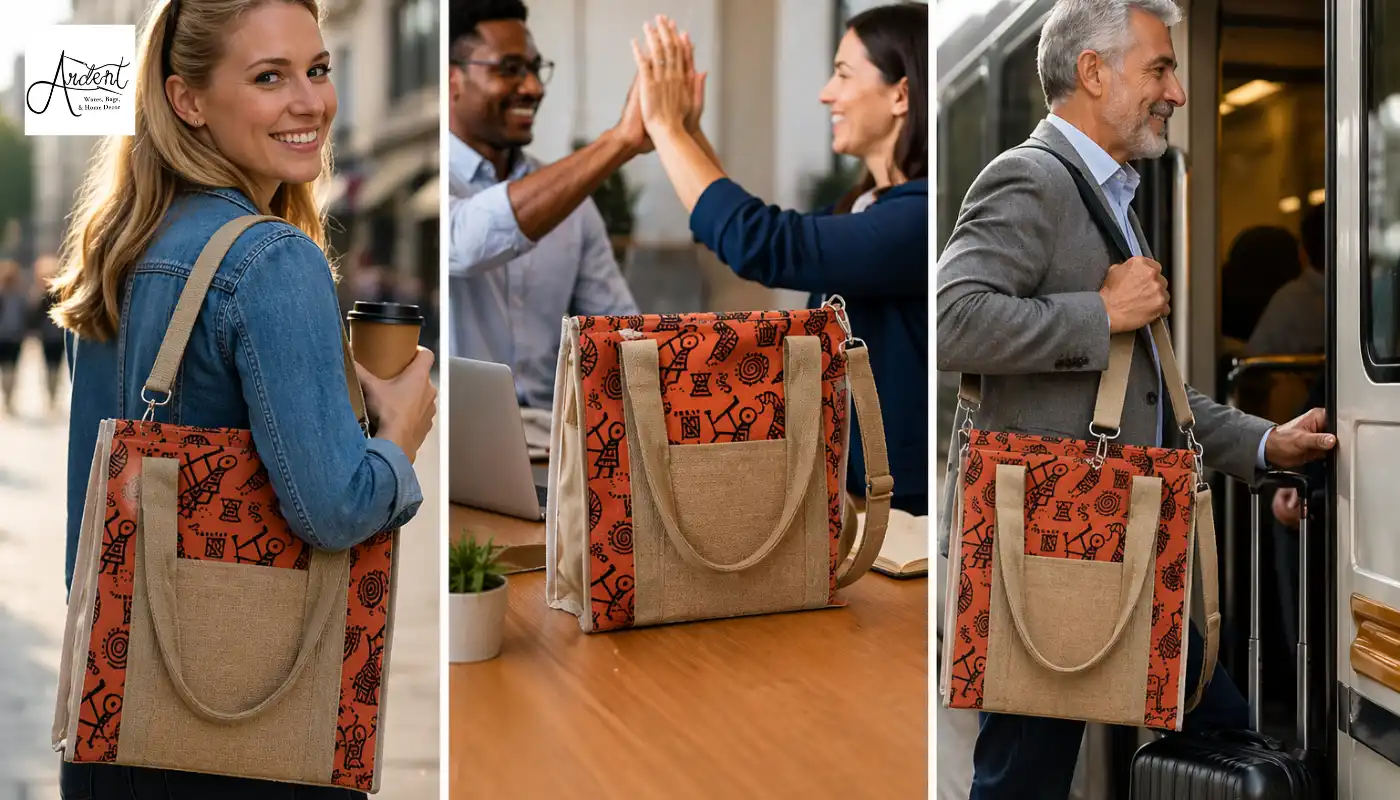 Two jute corporate tote bags with logo space and a branded gift box on a table.