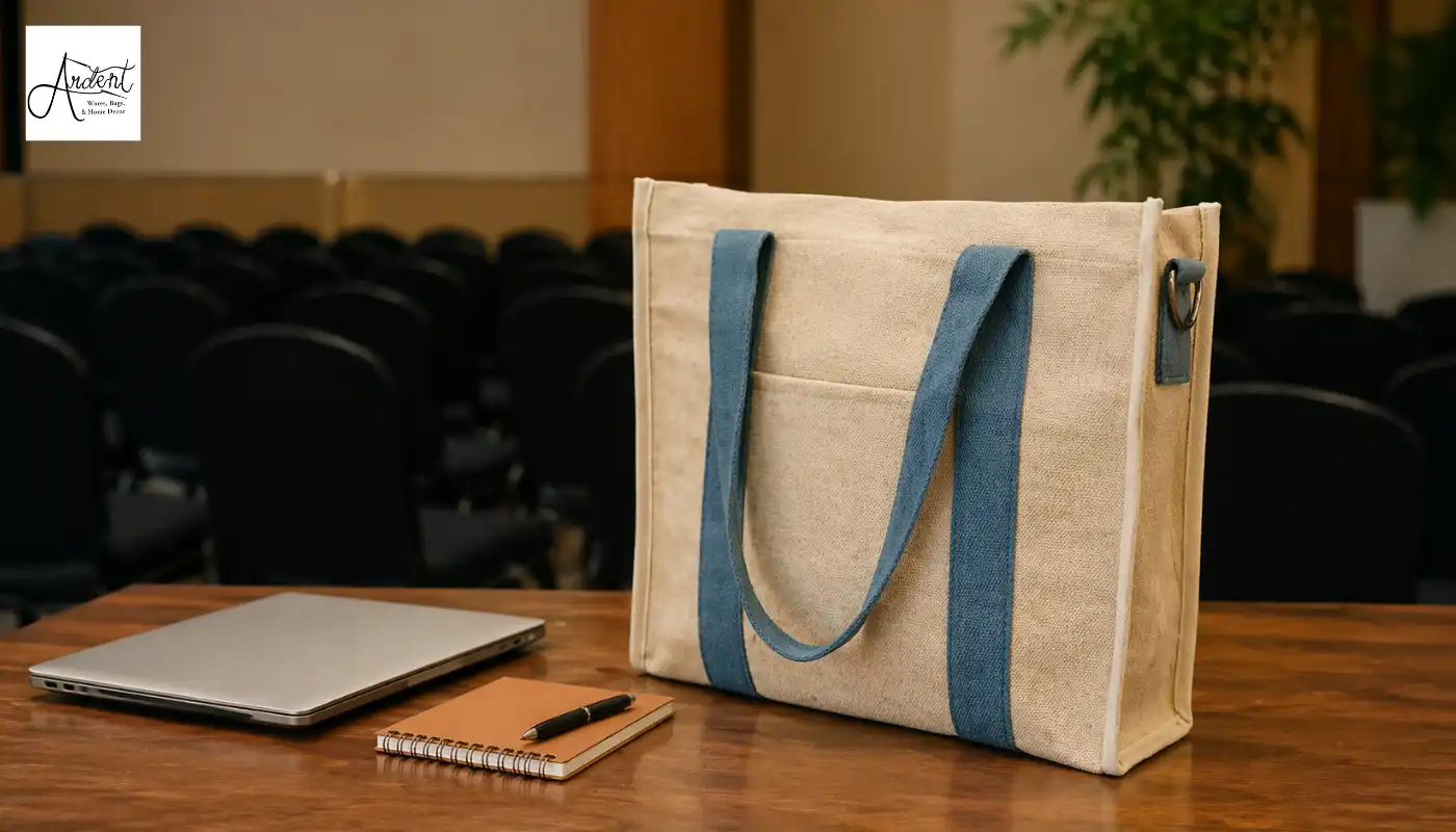 Canvas corporate tote bag with blue straps placed next to a laptop in a meeting room.