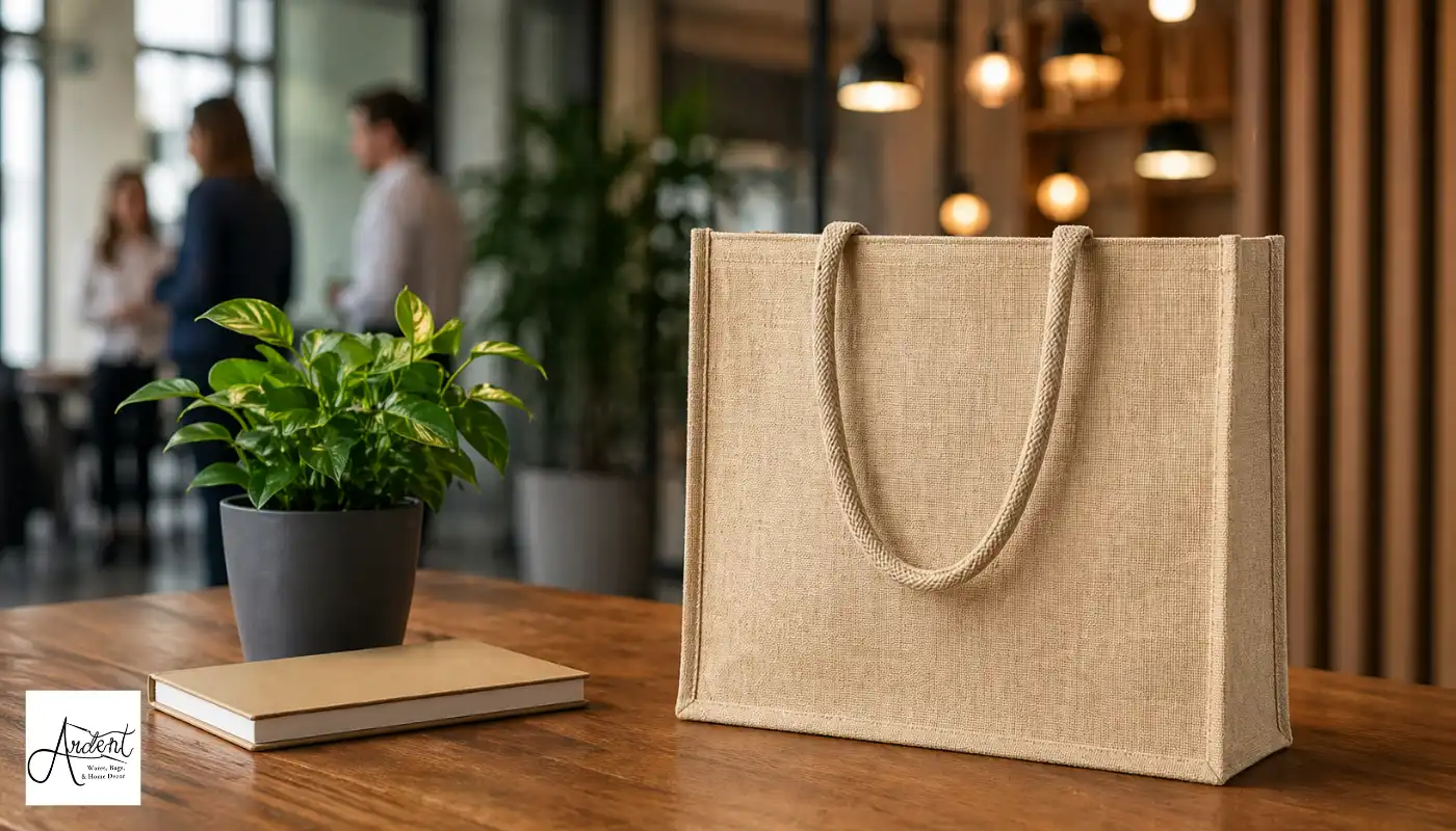 Eco-friendly natural jute corporate tote bag sitting on a professional office desk.