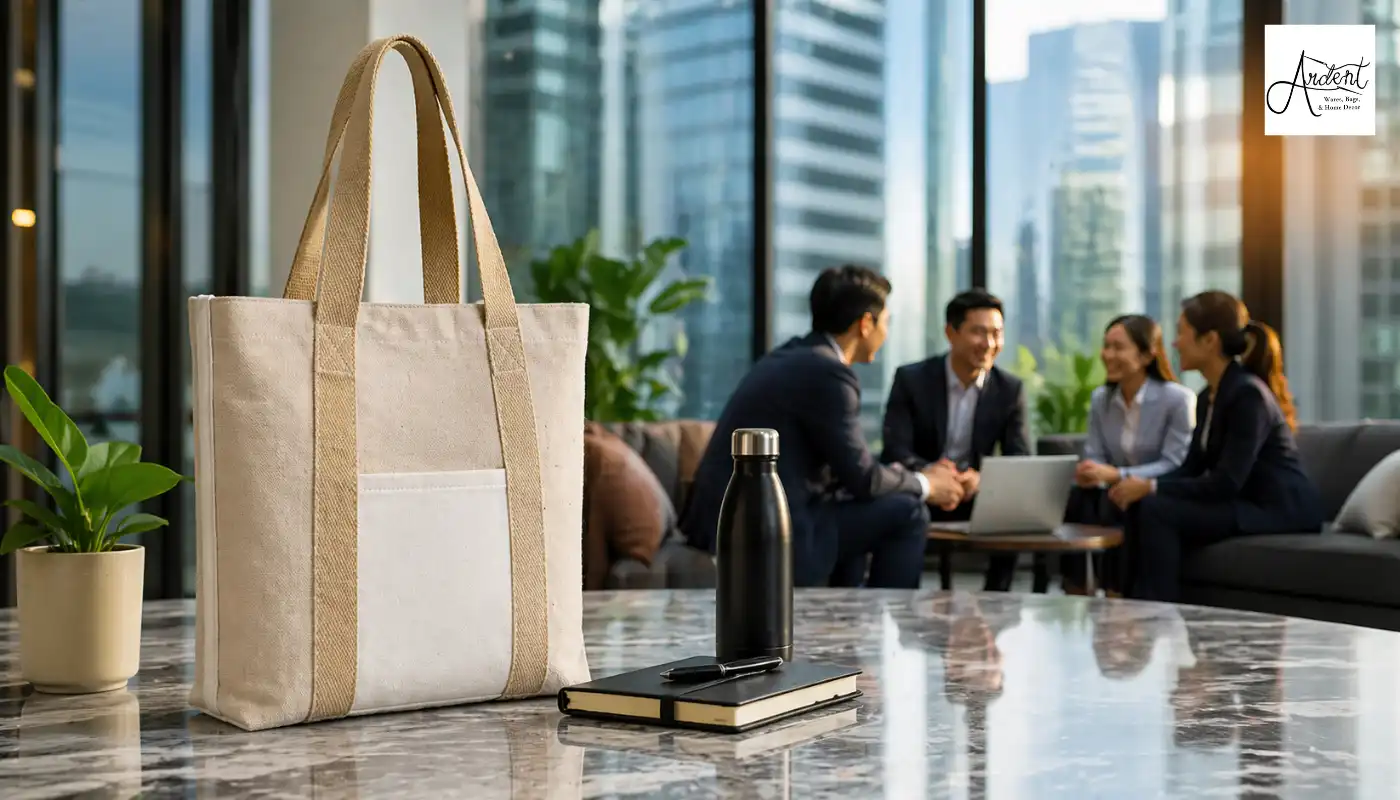 Professionals using stylish patterned corporate tote bags in a business environment.