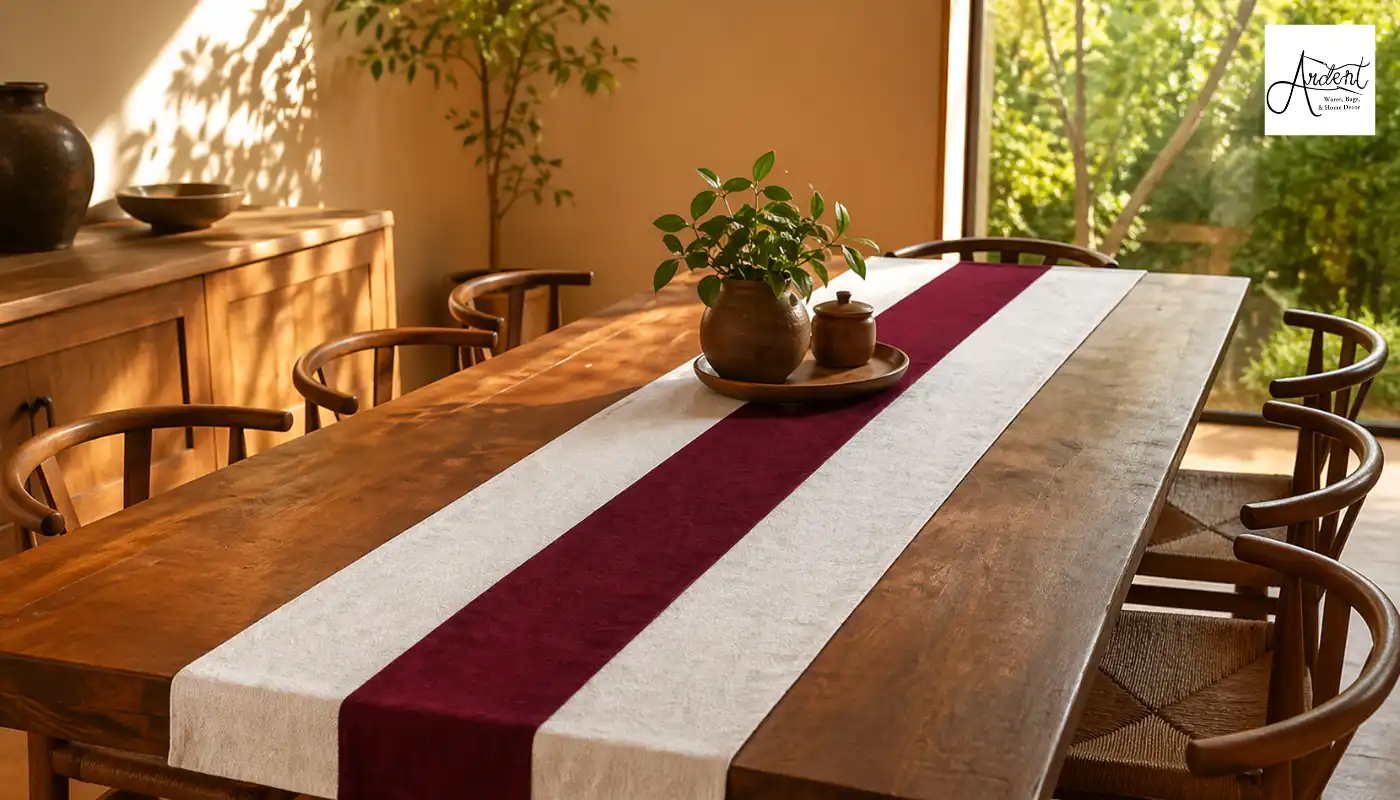 Stylish maroon-striped Juco runner on a wooden table, highlighting textile longevity through professional Juco runner cleaning.
