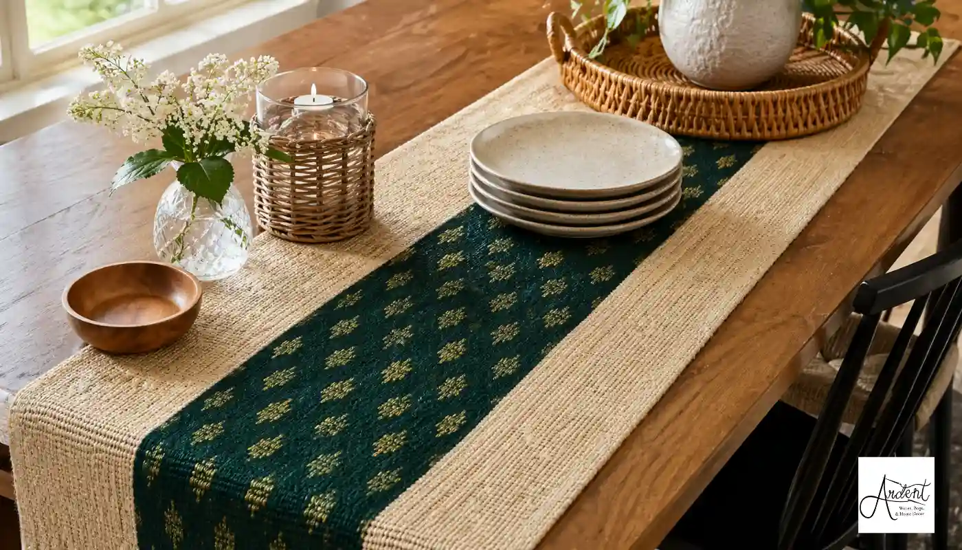 Green decorative Juco runner on a dining table with place settings, ideal for learning Juco runner cleaning best practices.