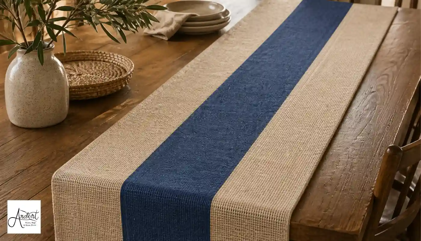 Elegant blue-striped Juco runner on a rustic dining table, demonstrating proper care and Juco runner cleaning techniques.