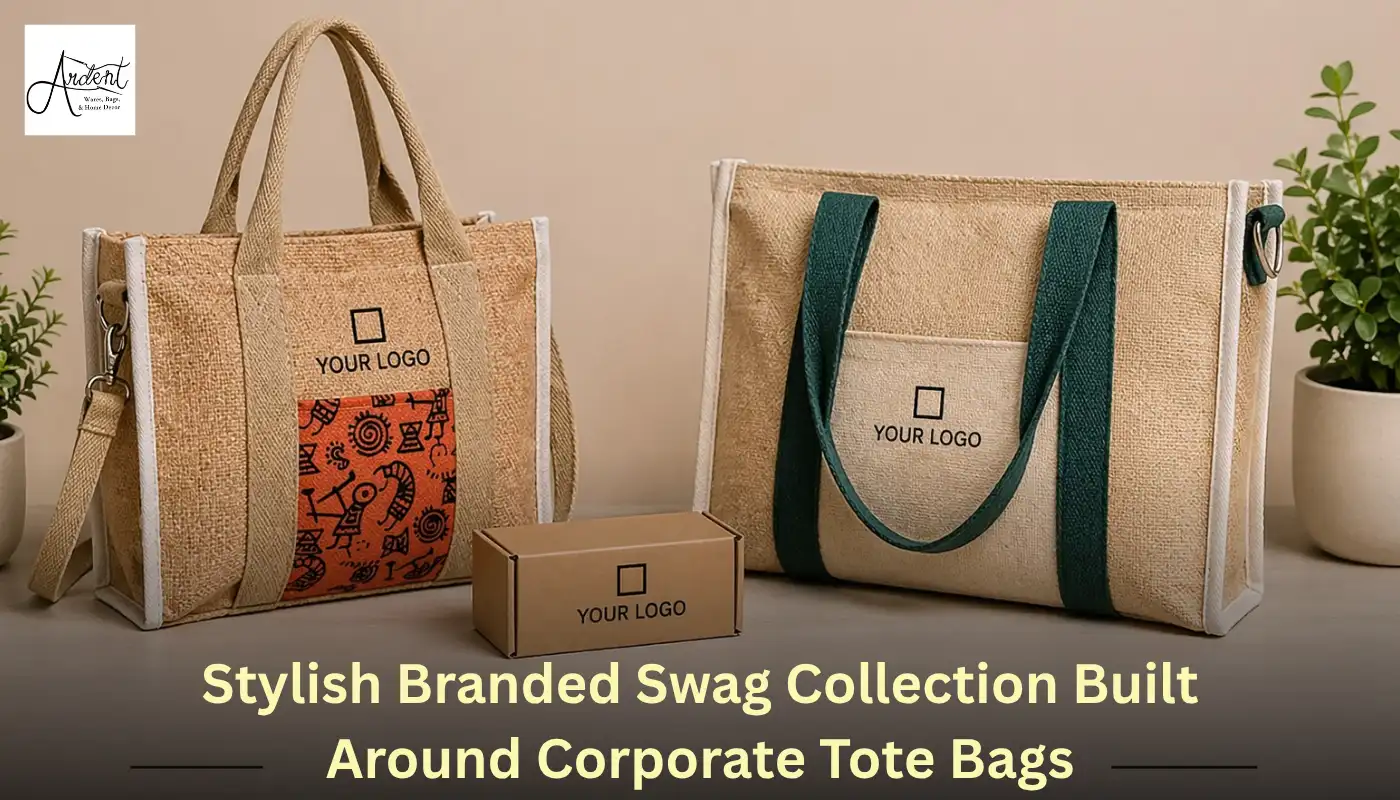 White canvas corporate tote bag with a water bottle and notebook on a desk.