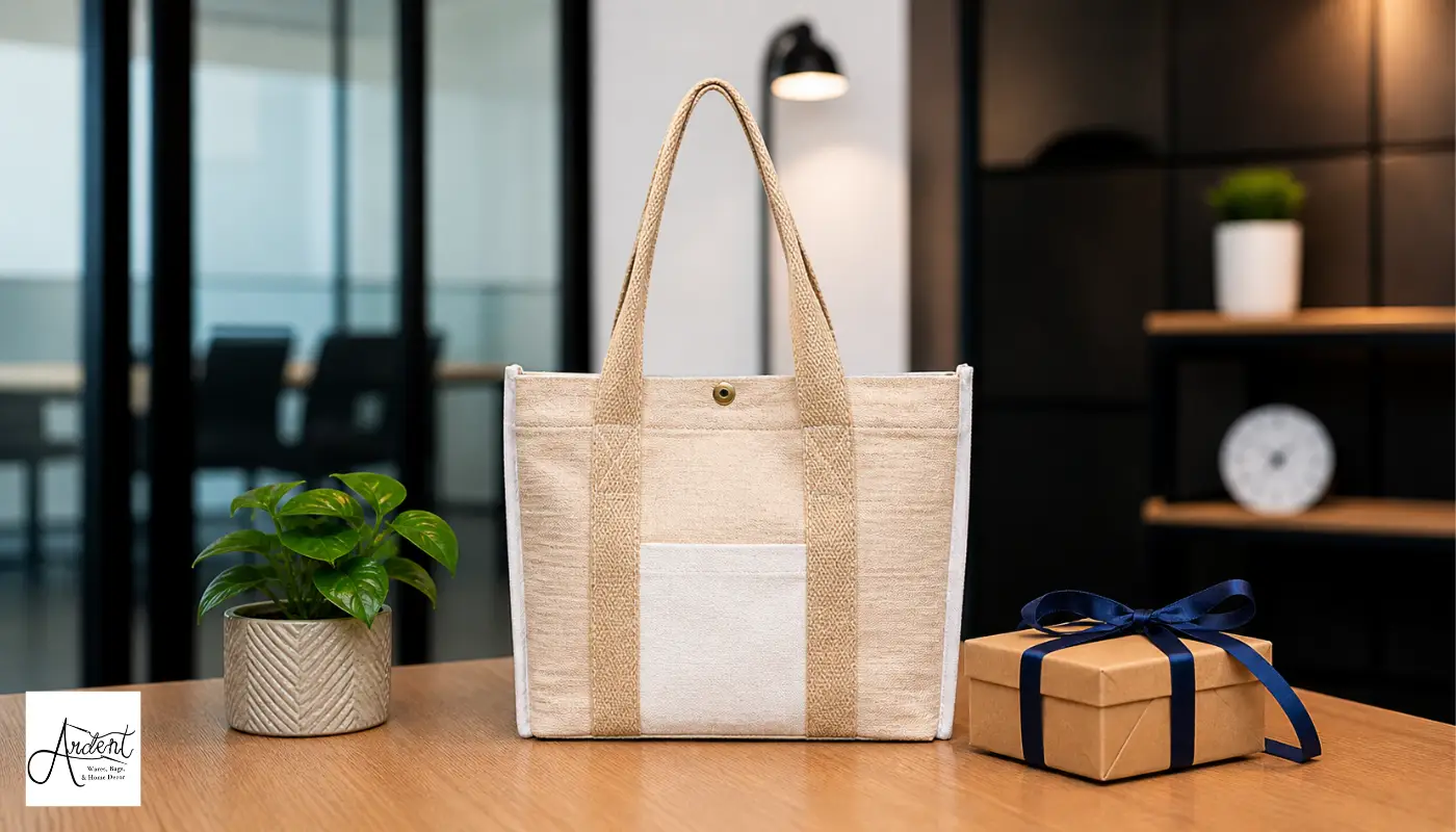 A neutral-toned, durable corporate tote bag sitting on an office desk next to a small potted plant and a ribbon-tied gift box, perfect for professional and practical gifting.