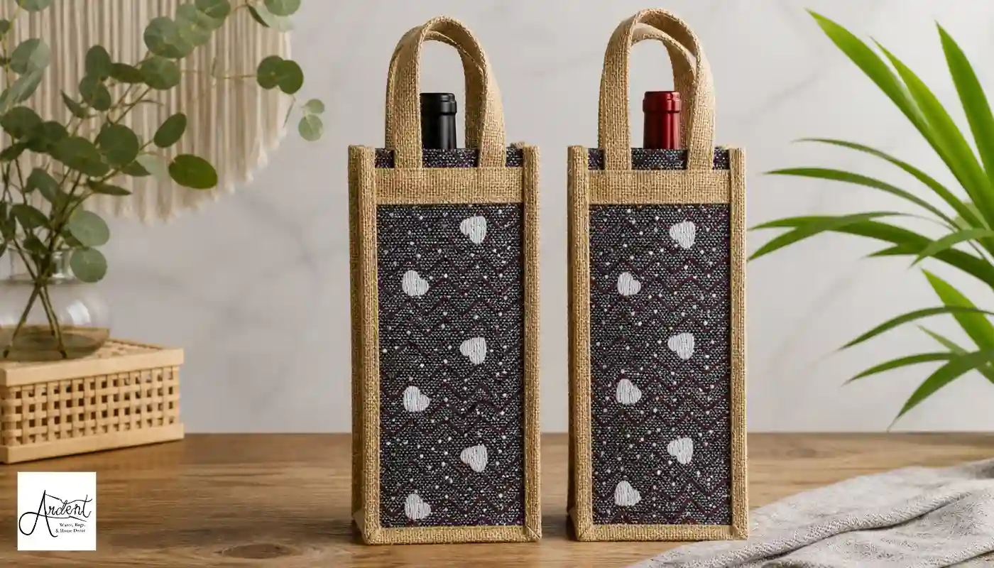 Two handcrafted sustainable wine bags with a heart and chevron pattern, demonstrating a stylish and reusable alternative to traditional paper gift wrapping for office presents.