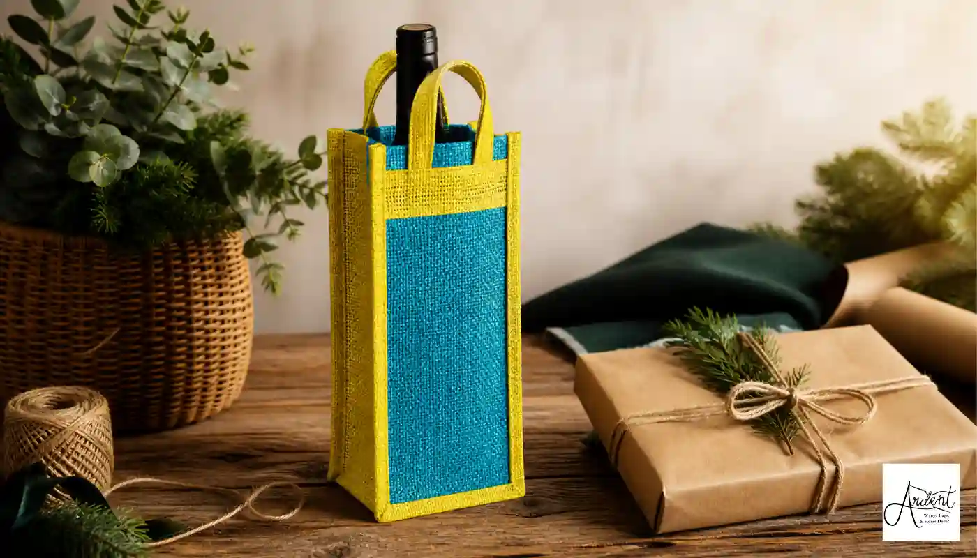 A vibrant yellow and blue jute wine bag holding a bottle, placed on a rustic wooden table next to a brown paper wrapped gift and holiday greenery, illustrating eco-friendly corporate gifting.
