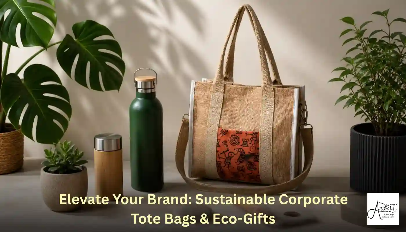 A premium jute corporate tote bag with an orange patterned pocket, displayed with a green reusable water bottle and bamboo accessories to showcase a complete sustainable brand package.