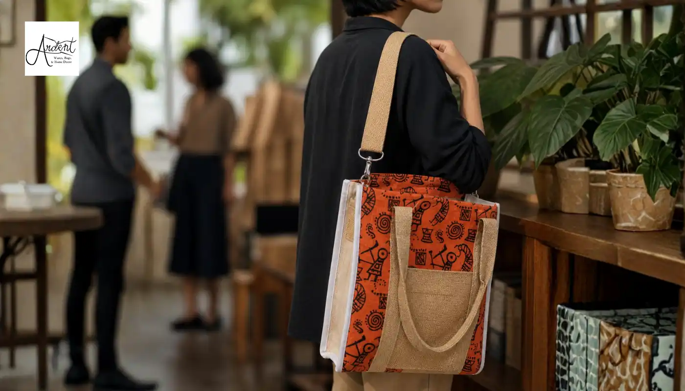 A professional carrying a stylish orange and tan patterned jute tote bag over their shoulder in a modern office lounge, showcasing how tote bags for corporate events combine fashion with function.