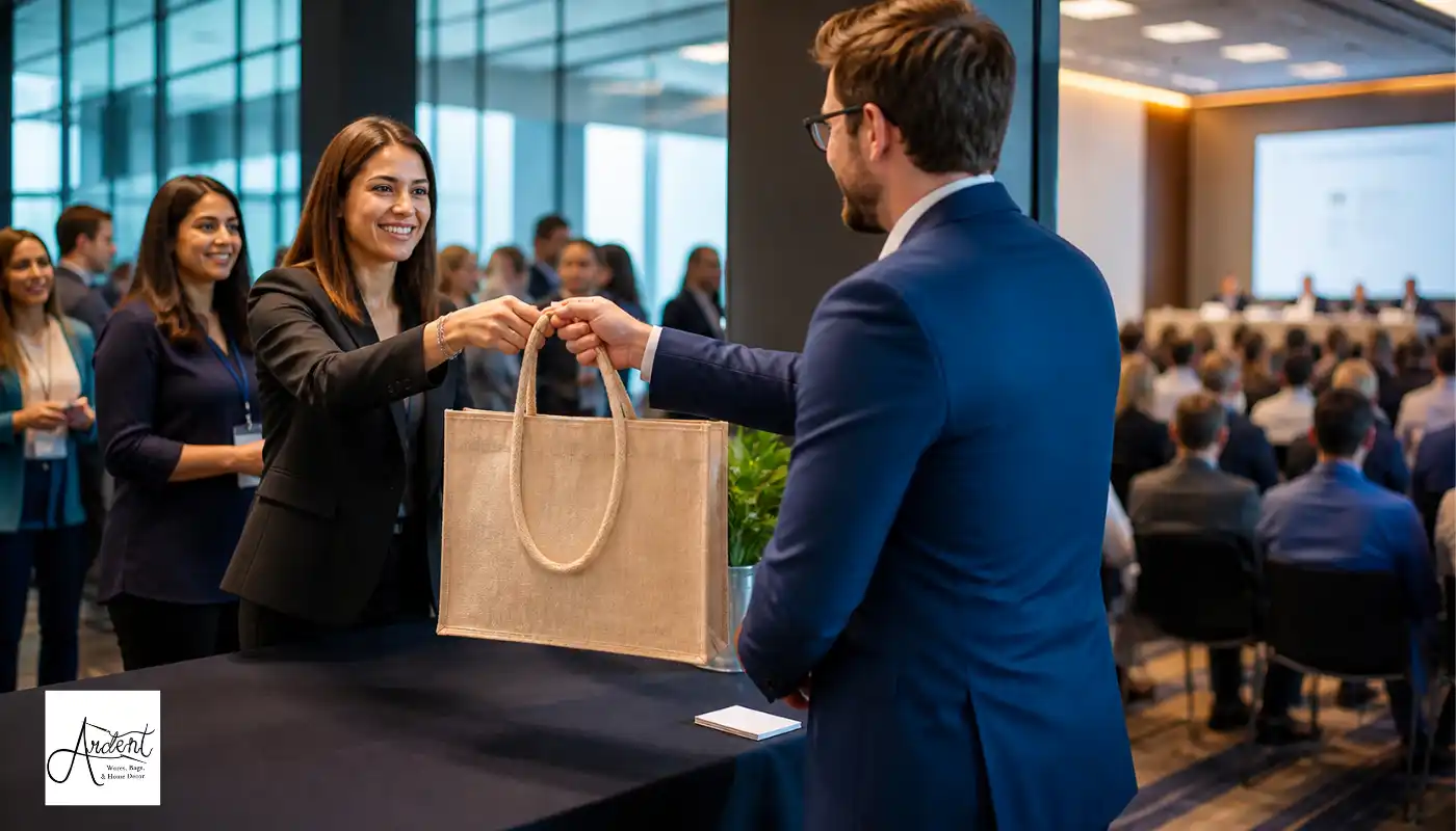 A smiling event organizer handing over a premium neutral jute tote bag to an attendee at a busy conference registration desk, highlighting the use of tote bags for corporate events and networking.