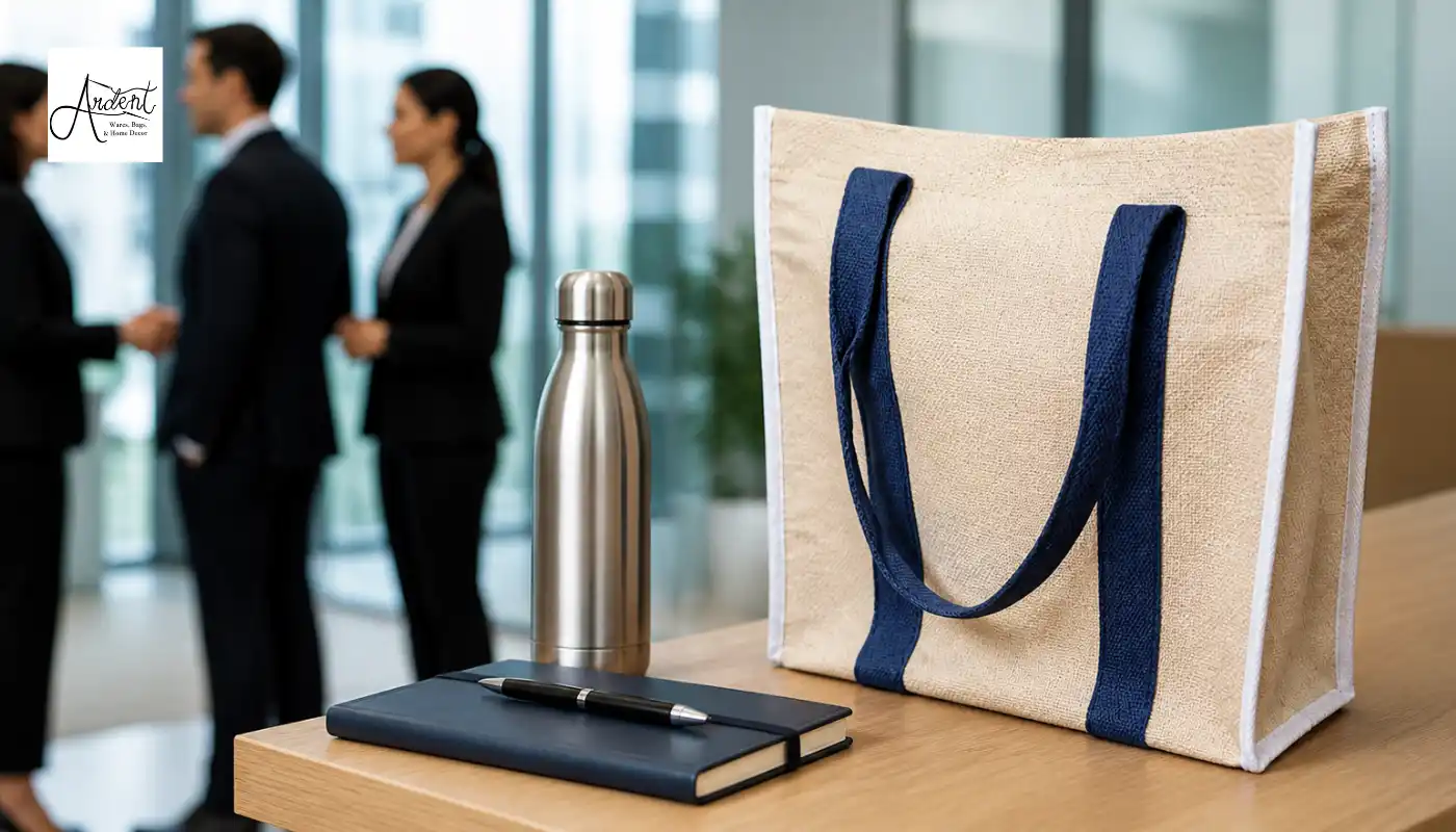 A high-quality canvas and navy blue jute tote bag placed on a boardroom table next to a stainless steel water bottle and a professional notebook, perfect for executive-level tote bags for corporate events.