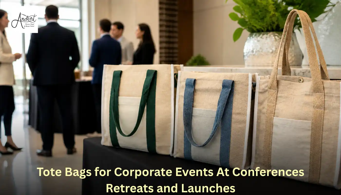 A row of sustainable jute tote bags in various colors like green, blue, and tan lined up on a display table at a company retreat, emphasizing the versatility of tote bags for corporate events at conferences and launches.