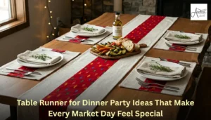 A vibrant red ikat modern table runner for dinner party settings, styled with matching placemats, white dinnerware, and fresh sprigs of rosemary on a wooden table.