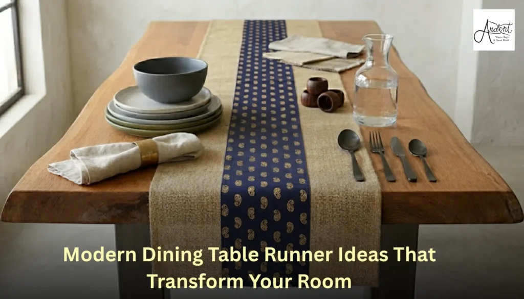 A modern dining table runner with a navy blue paisley motif down the center of a natural burlap fabric, showcased on a live-edge table as a home decor blog thumbnail.