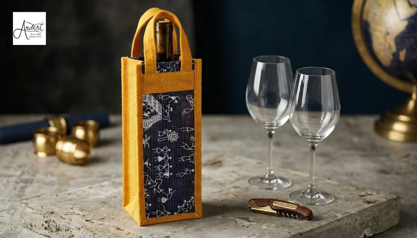A premium wine gift bag in mustard yellow featuring a traditional black and white tribal print panel, displayed next to wine glasses.