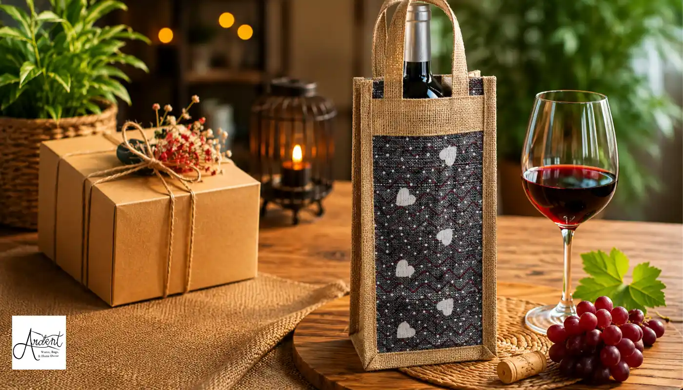 A natural jute premium wine gift bag with a heart-patterned panel set on a table next to a wrapped gift box and a glass of red wine.