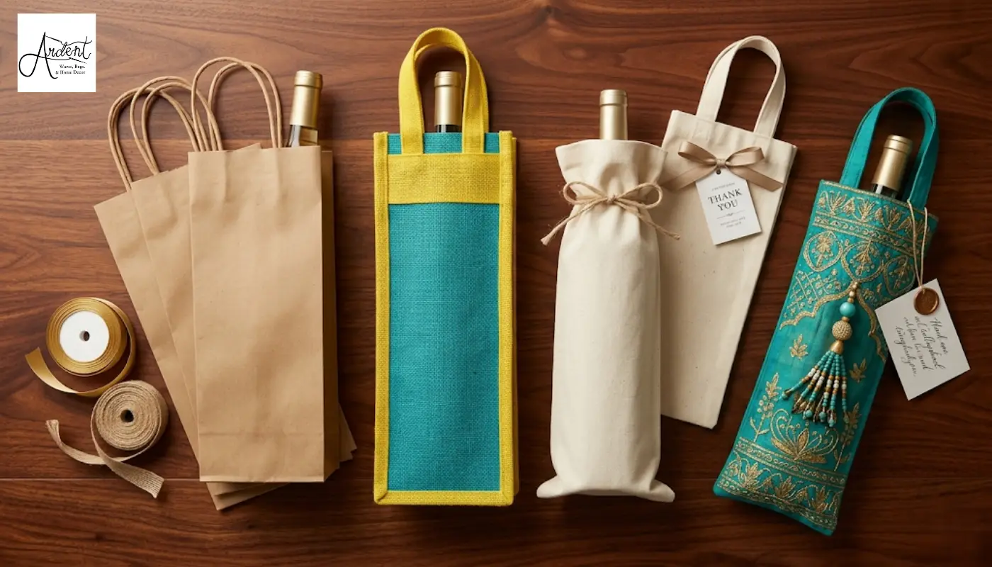 A flat lay comparison of various wine packaging options including paper bags, canvas pouches, and a premium wine gift bag made of fabric.