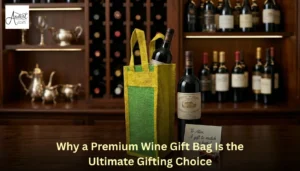 A vibrant yellow and green premium wine gift bag holding a wine bottle on a wooden counter with a cellar background.