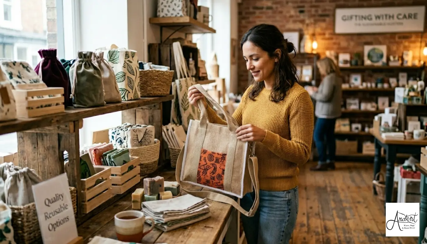A woman smiling while looking at eco-friendly lifestyle products and premium wine gift bags on display in a sustainable retail shop.