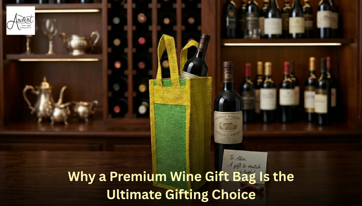 A vibrant yellow and green premium wine gift bag holding a wine bottle on a wooden counter with a cellar background.