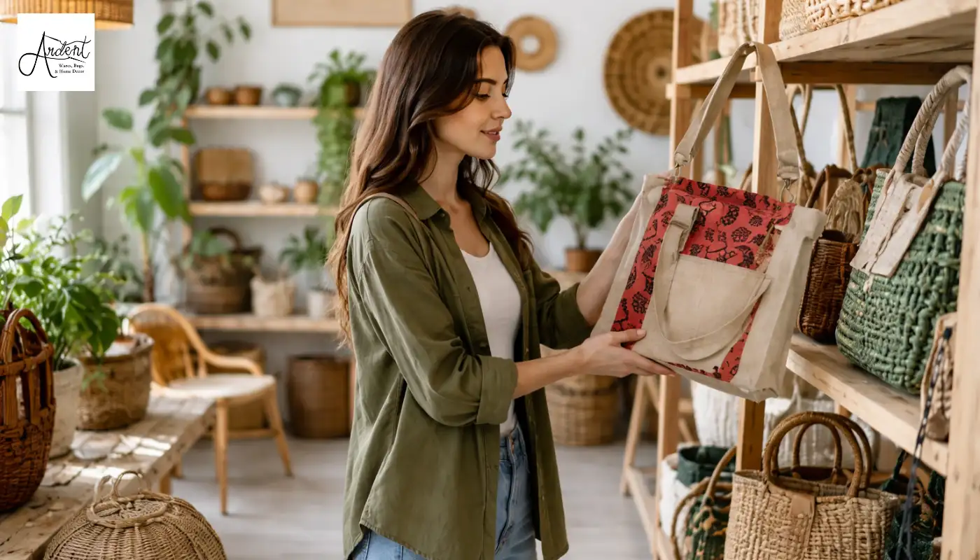 A customer admiring a completed tote bag with red patterns in a boutique shop, representing the retail destination of the handmade bag journey.