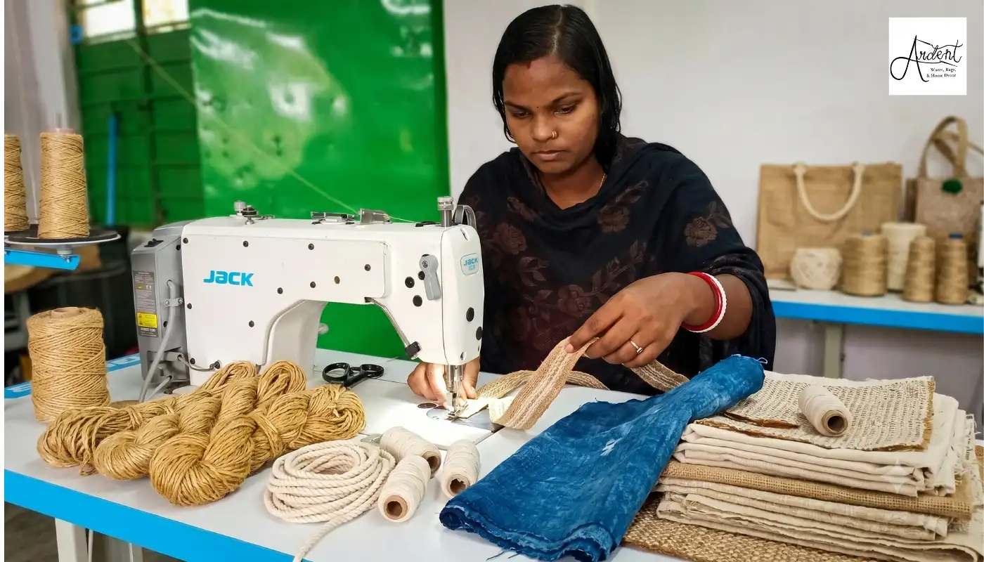 An artisan assembling a strap on a sewing machine surrounded by jute yarn, rope, and blue fabric, highlighting the raw materials of the handmade bag journey.
