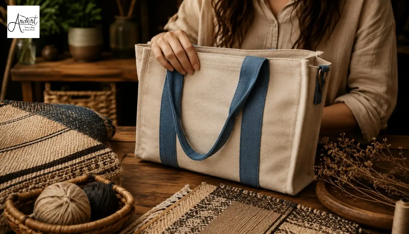 Close-up of a cream-colored canvas tote bag with blue handles resting on a wooden workshop table, illustrating the final product of a handmade bag journey.