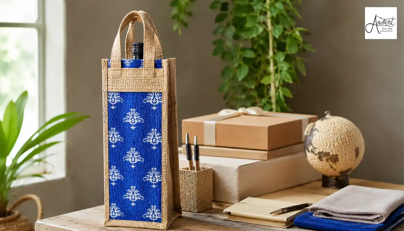 A single-bottle premium wine gift bag in blue and natural jute on a wooden table, showcasing an eco-friendly holiday corporate gift setup.