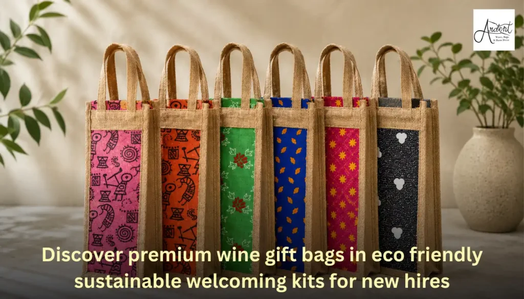 A row of colorful premium wine gift bags in a sustainable corporate welcoming kit for new hires by Ardent Wares.