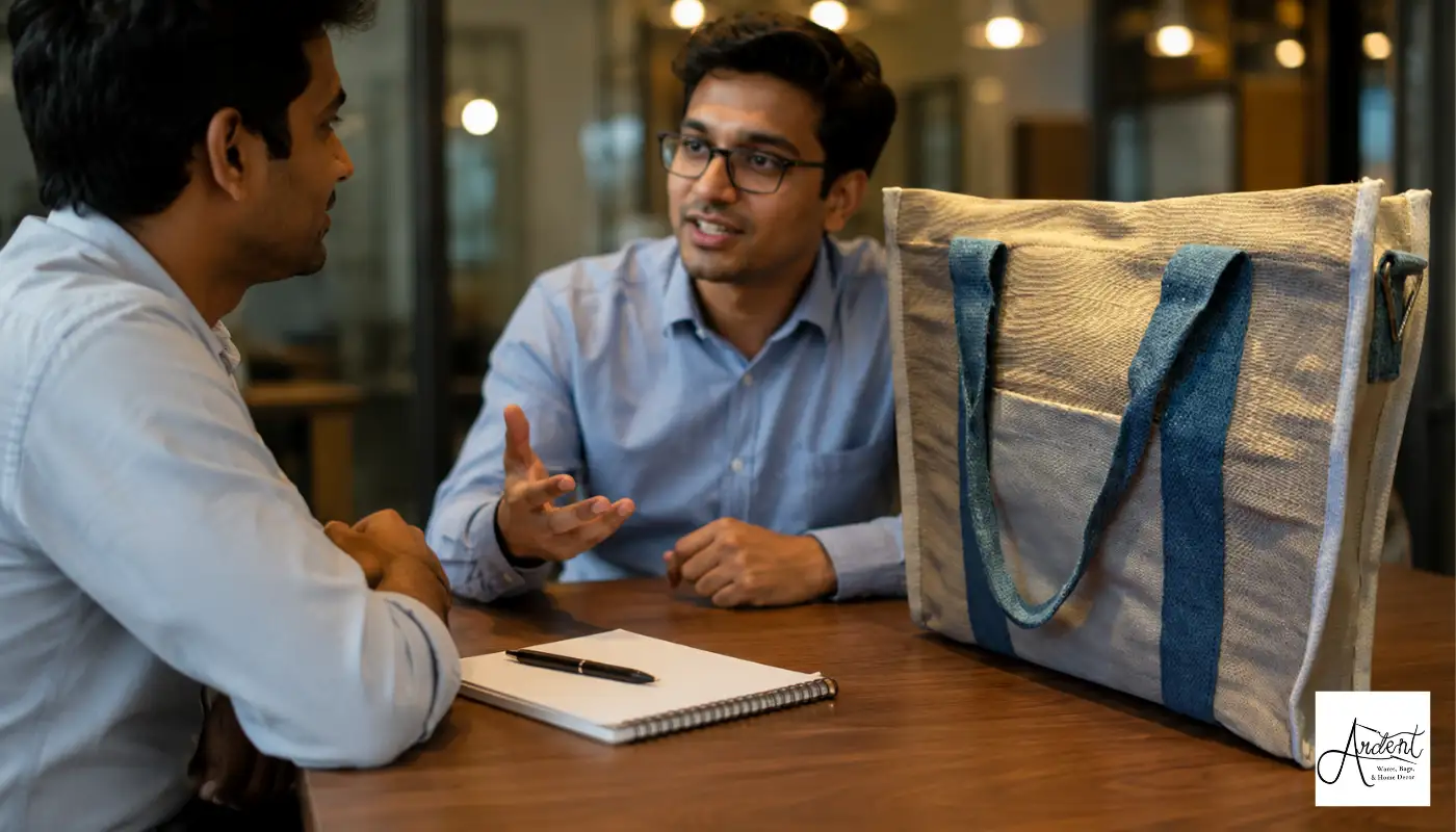 Two corporate professionals discussing corporate gifting options next to a premium wine gift tote bag on an office table.