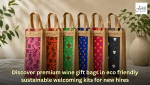 A row of colorful premium wine gift bags in a sustainable corporate welcoming kit for new hires by Ardent Wares.