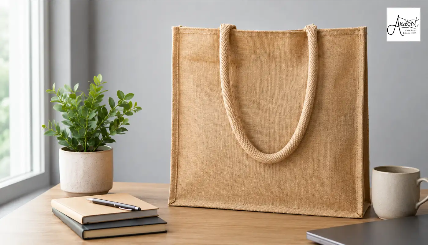 A large premium jute tote gift bag with thick rope handles placed on a wooden desk next to a plant and notebooks.