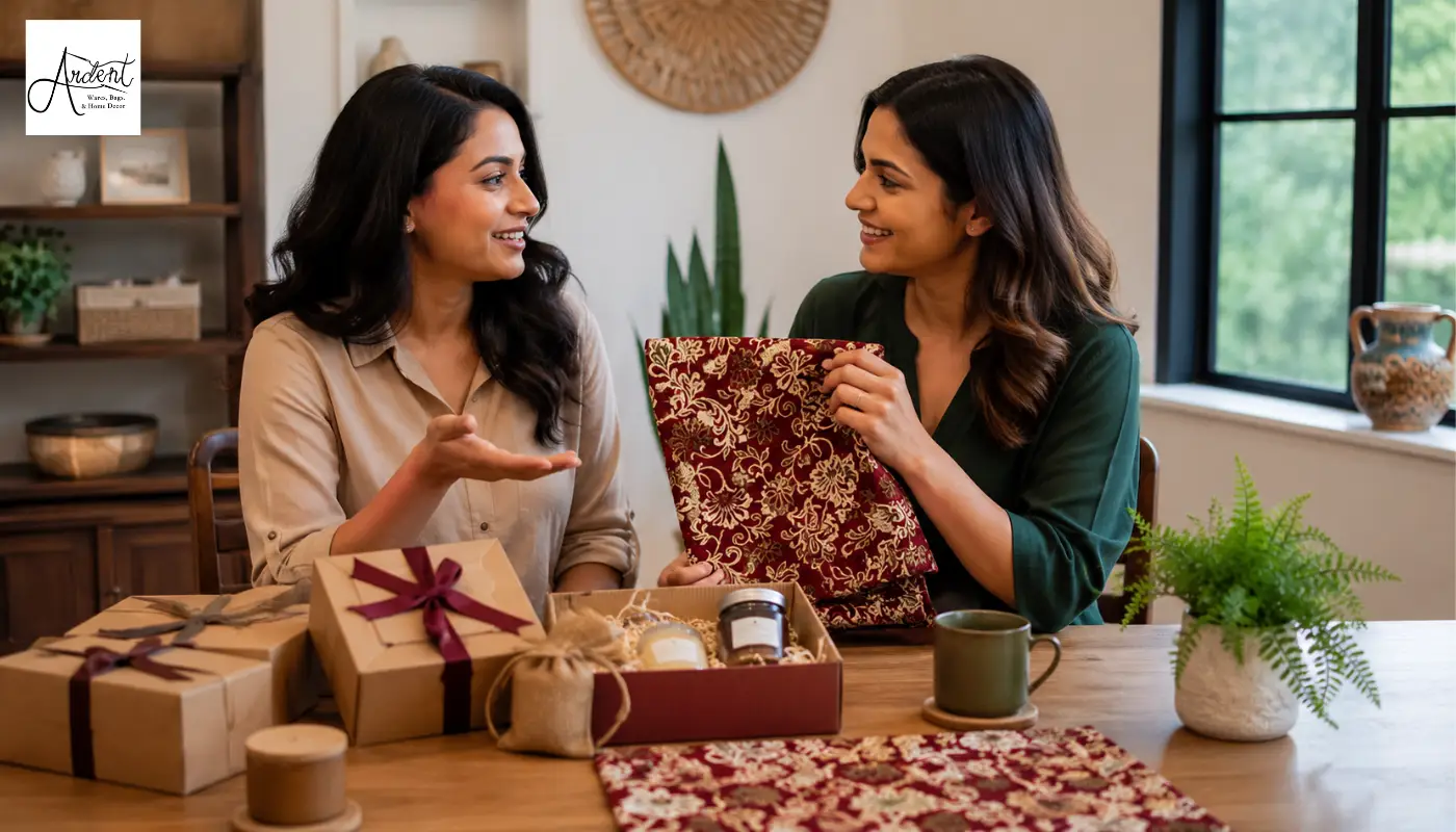 Two women looking at beautiful fabric and unboxing eco-friendly corporate gifts packed in brown kraft boxes with reusable items at a wooden table.