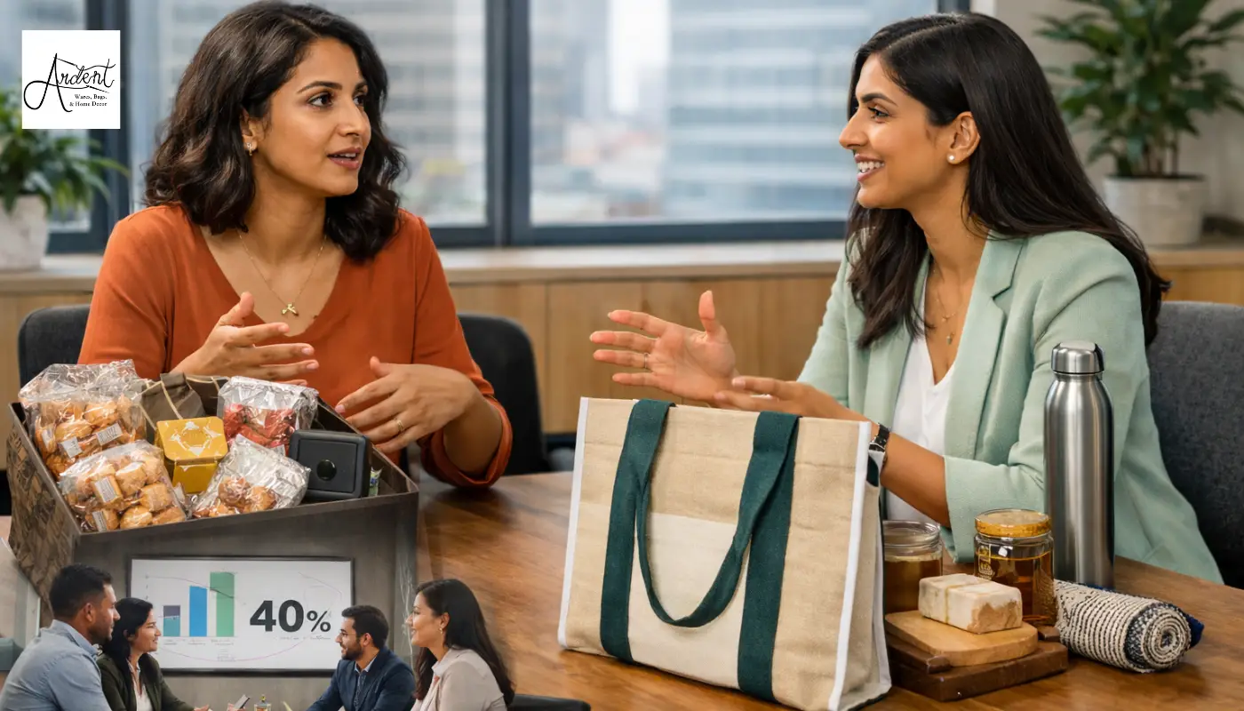 Two colleagues discussing holiday eco-friendly corporate gifts, holding up a cream-colored canvas and jute tote bag next to a reusable stainless steel flask.